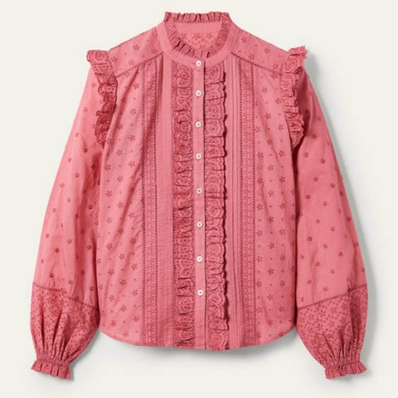 Boden Iris Broderie Ruffle Blouse in Dusty Red - Picture 3 of 11